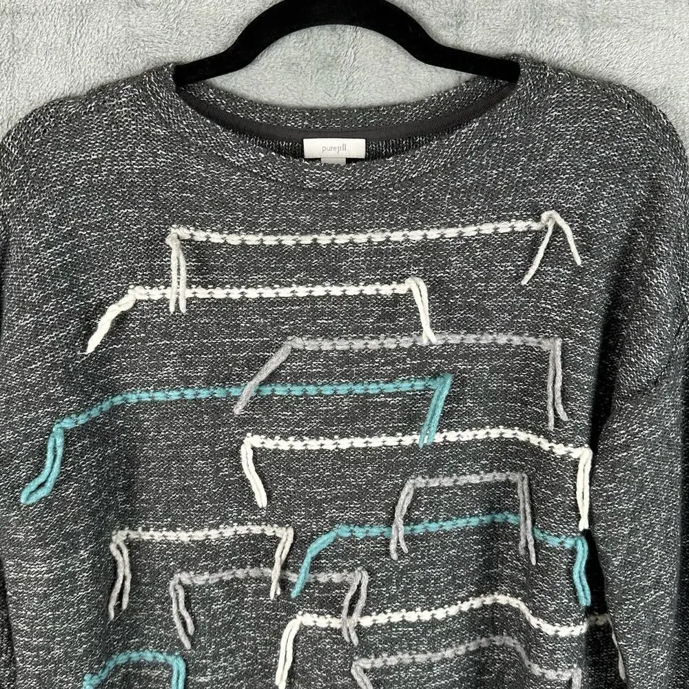 J Jill Sweater Womens Extra Small Gray PureJill Embroidered Knit Boho Artsy Wool - Picture 2 of 14